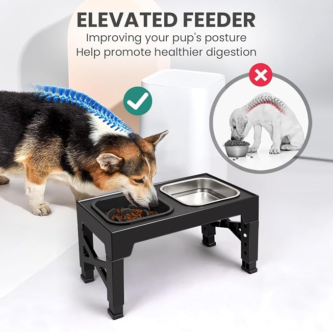 Elevated Dog Bowls, with Slow Feeder Bowl and Stainless Steel Dog Food Bowl, Raised Dog Bowls Adjusts to 5 Heights (3.15", 8.66", 9.84",11.02", 12.2") for Small Medium and Large Dogs