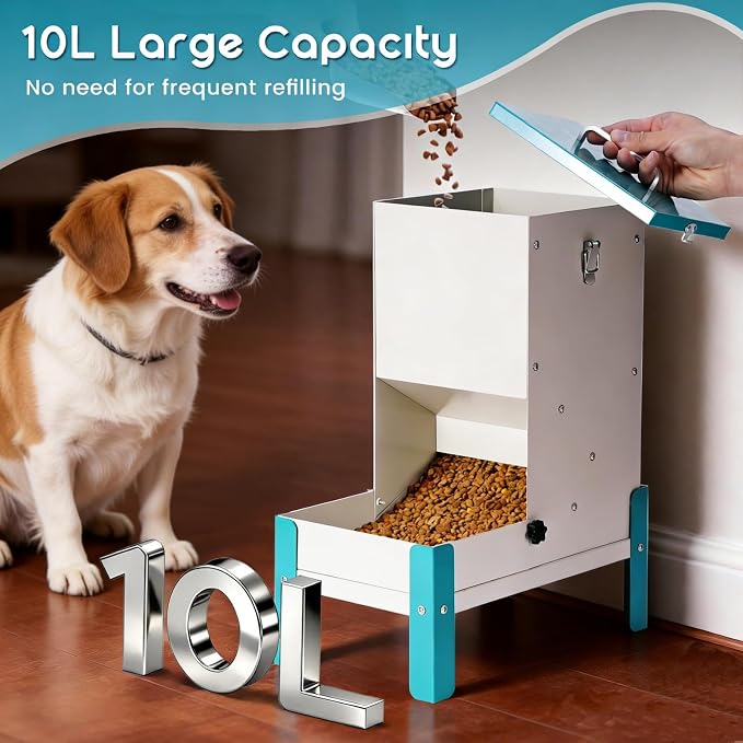 Automatic Dog Feeder 10L Gravity Cat Feeder with Stand | Dog Food Dispenser with a Detachable Feeding Tray, Galvanized Pet Feeding Station for Dogs & Cats, Relieves Neck Pressure