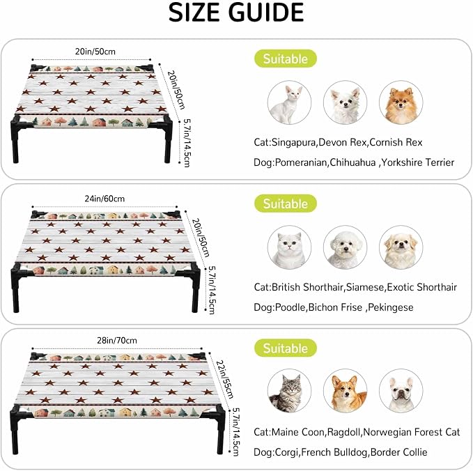 Outdoor Elevated Dog Bed for Small Dogs, Farmhouse Star Wooden Breathable Cooling Raised Dog Cot for Indoor/Outdoor, Trees Grey Wooden Waterproof Elevated Pet Beds, S 20 x 20 in