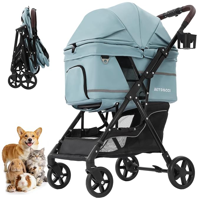 No-Zip Pet Stroller for Small Dogs & Cats, 44 lb, Light Blue | No-Zip Canopy, 44 lb Capacity, Reflective Trim, 2 Tethers, Lockable Front Wheels, Rear Brake and One-Hand Fold