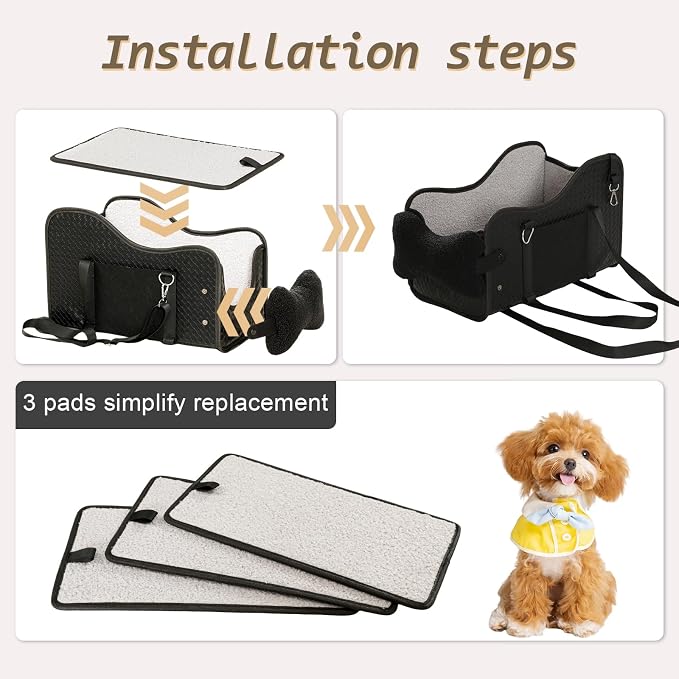 Dog Car Seat for Small/Medium Dogs Under 15 lbs with 2 Replaceable Dual-Sided Summer/Winter Cushions, Portable Booster & Pet Bed for Back & Front Seat Travel, Carrier with Leash Clip
