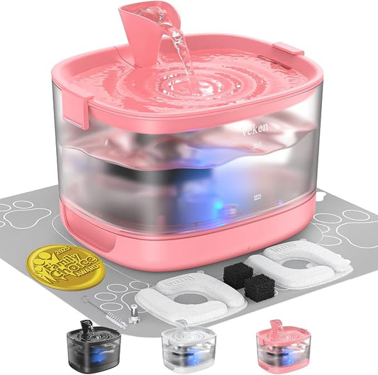 Veken Cat Water Fountain with Detachable Tank & Secure Clips, Easy to Clean & Assemble, 85oz/2.5L Pet Drinking Dispenser with Quiet Operation & LED Light, Cats, Dogs and Small Pets, Red