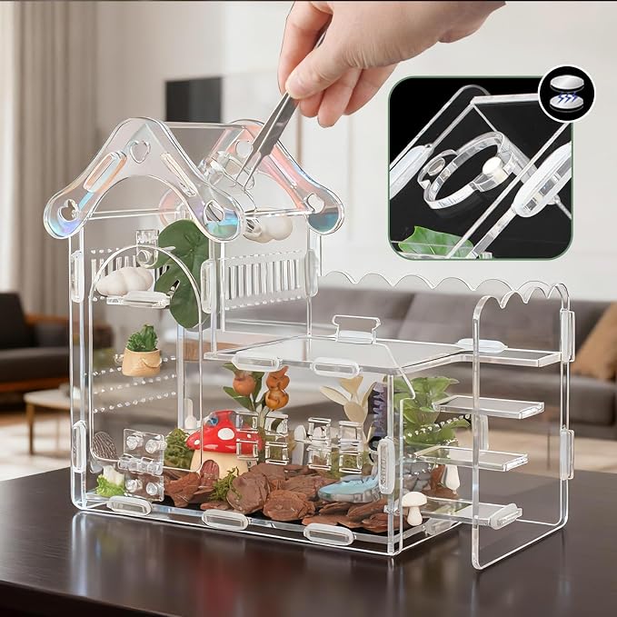 Magnetic Acrylic Jumping Spider Enclosure with Mushroom House, Easy-Feed Hole & Front Opening – Terrarium for Tarantula, Mantis, Beetle, Gecko, Hermit Crab, Reptile Habitat
