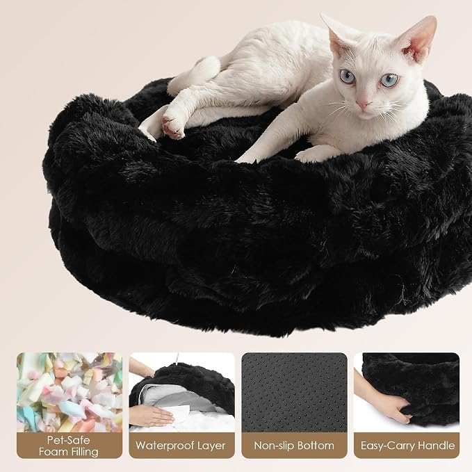 EHEYCIGA Soft Cat Couch Bed for Indoor Cats, Fluffy Small Dog Bed with Removable Washable Cover, Bolster Pet Sofa, Waterproof and Non-Slip, 26" x 26"x 8", Black