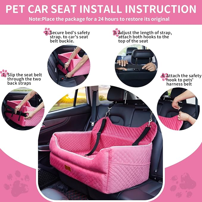 Dog Car Seat for Large/Medium Dogs - Memory Foam Dog Booster Seat for Under 55Lbs or 2 Small Dogs-Detachable and Washable Travel Bed with Thick Cushion and Storage Pockets-Pink