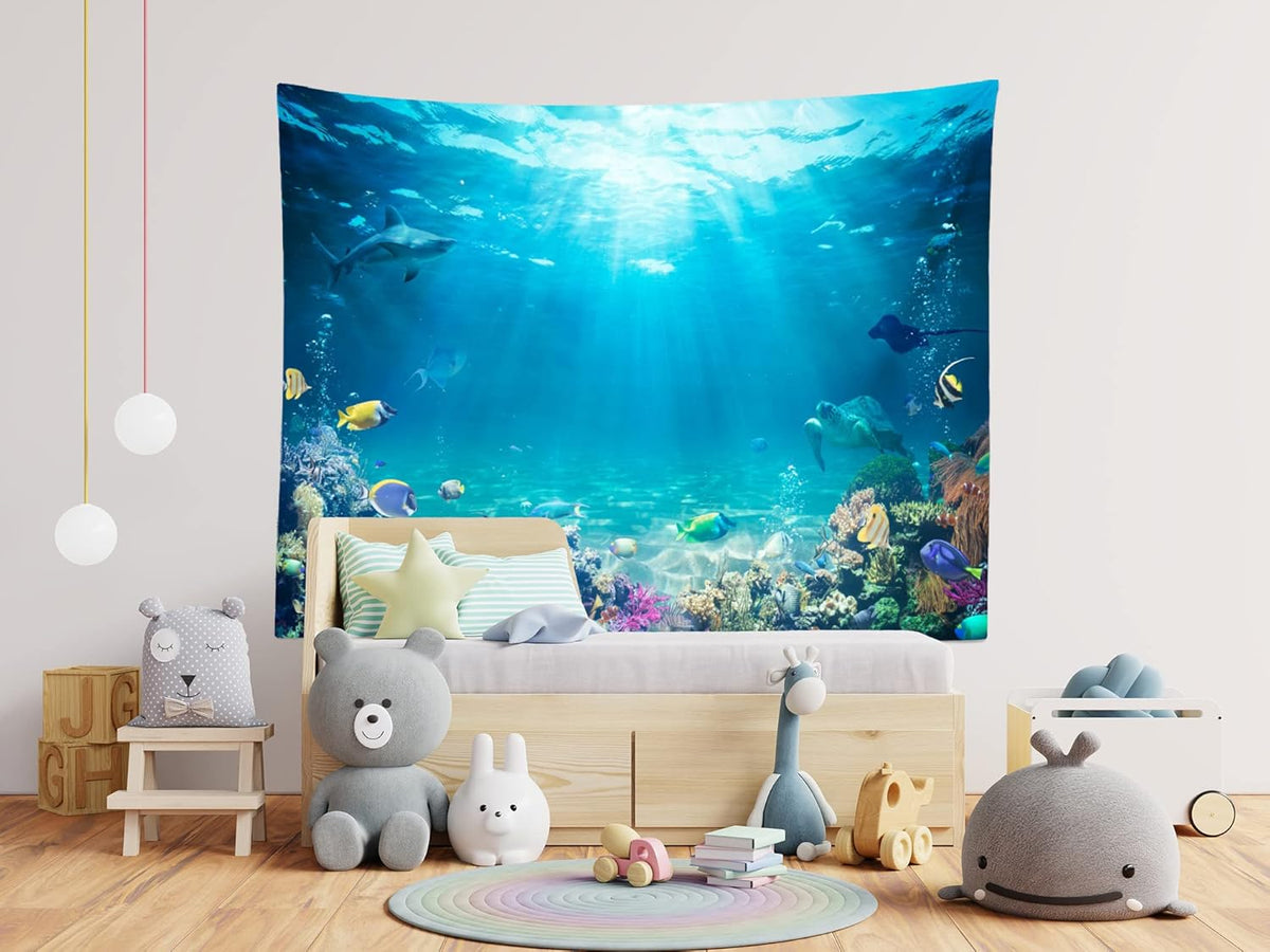 Loccor Underwater World Tapestry Blue Ocean Wall Hanging Under the Sea Coral Reef Wall Tapestry 118X78 Inches Tropical Fish Tank Undersea Tapestries Marine Wall Art for Bedroom Living Room Dorm Decor