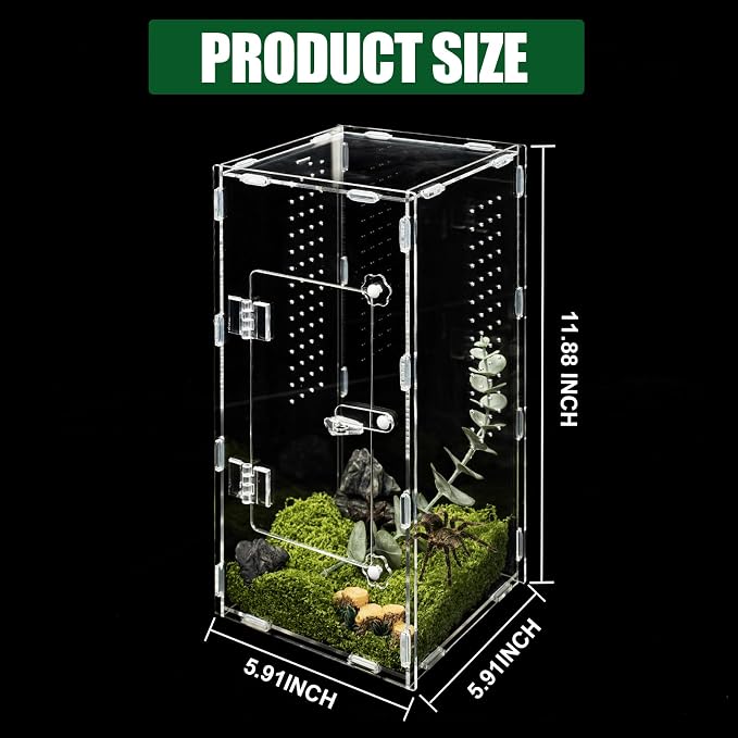 Acrylic Jumping Spider Enclosure, Reptile Terrarium Enclosure with Front Opening Door, 5.91×5.91×11.88 Inch Reptiles Habitat Tank Breeding Box for Tarantula Insect Snake Lizard