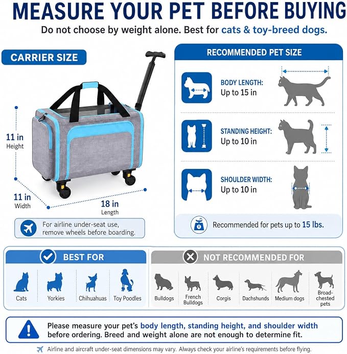 Airline Pet Carrier with Wheels, 18x11x11 for Cats & Toy Dogs | Soft-sided nylon under-seat bag, removable wheels, expandable mesh, cats & toy-breed dogs, measure pet before buying