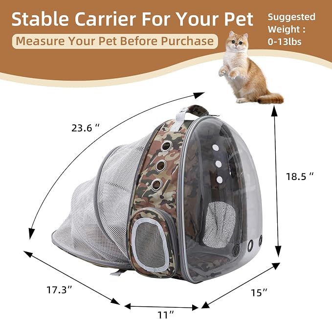 TOYSINTHEBOX Cat Backpack Carrier Back Expandable Bubble Pet Carrier Backpack for Large Cat, Kitten and Dog, Designed for Hiking, Camo