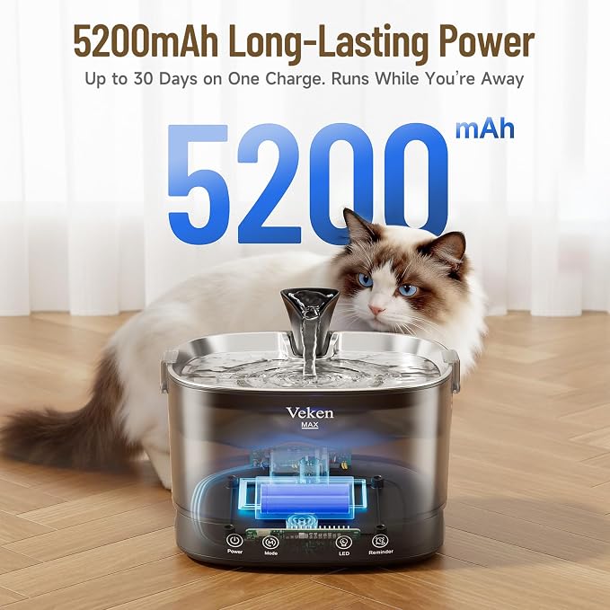 Veken Cordless Cat Water Fountain with Stainless Steel Tray & Secure Clips, 5200 mAh Battery Operated Pet Drinking Dispenser with LED Light, 85oz/2.5L Wireless Fountain for Cats, Dogs and Small Pets