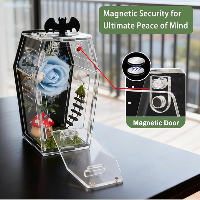 Acrylic Spider Enclosure Coffin House with Magnetic Lock | Coffin-Shaped House, Magnetic Lock & Feeding Port, No Tools Assembly, Jumping Spider Habitat, Easy Clean