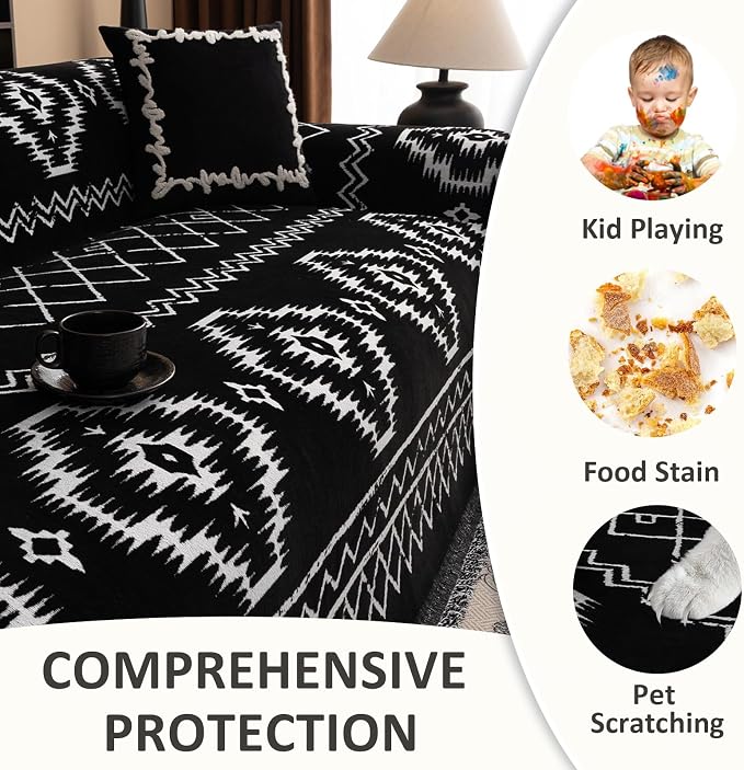 VClife Boho Couch Cover Chenille Sofa Cover for Sectional Sofa, Non Slip Couch Covers for 3 Seater Sofa Pet Friendly Sofa Protector with Tassel, Tribal Pattern Couch Slipcover, Black, 71"X134"