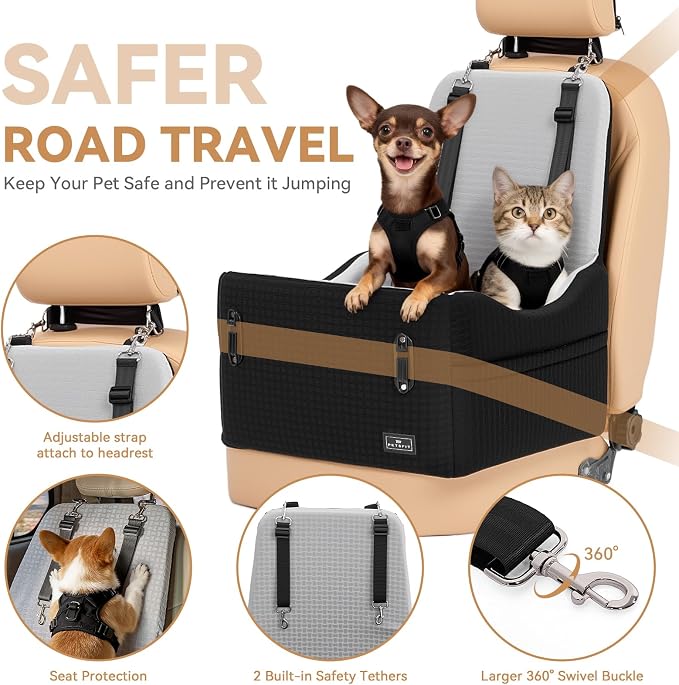 PETSFIT Dog Car Seat with Patented Safety System, 5" Elevated Cushion | Fully Detachable Washable Cover, Memory Foam Dog Booster Seat for Small/Medium Dogs Up to 35 Lbs, Front/Back Seat Travel