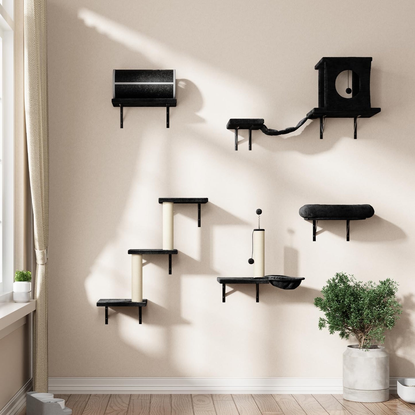 NUNU LAB Cat Wall Shelves Set, 7 Pcs Wall-Mounted Cat Climber with Cat House, Tunnel, Bridge, Scratching Post, Hammock, Wall Shelves, Black