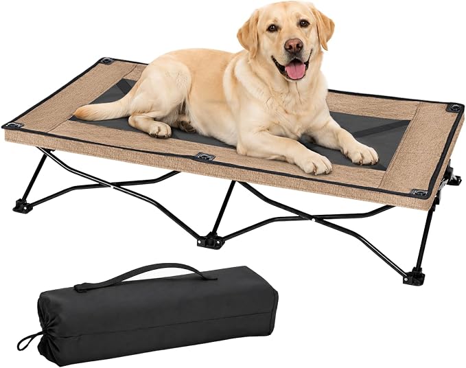 Foldable Elevated Dog Bed for Large Dogs, No-Assembly Raised Dog Cot, Portable Outdoor Cooling Bed with Breathable Teslin Mesh, Anti-Slip Feet, Sturdy Frame Supports 150 lbs, Indoor, Camping