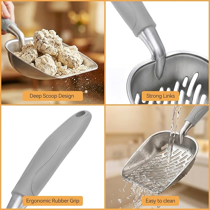 Cat Litter Scoop, Large Long Handle Kitty Metal Scooper | Heavy Duty Aluminum Deep Sifter, Ergonomic Non-Slip Grip, Rustproof Durable Poop Cleaner for Cat Litter Box
