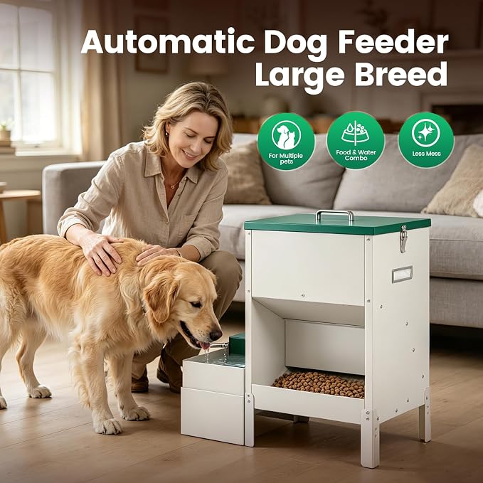 40-50lb Dog Self Feeder Outdoor Automatic Dog Feeder and Water Raised 6L Water Bowl Dispenser Auto Metal Gravity Dog Feeder 3.94" Elevated Animal Feeder Feeding Station for Large Breed
