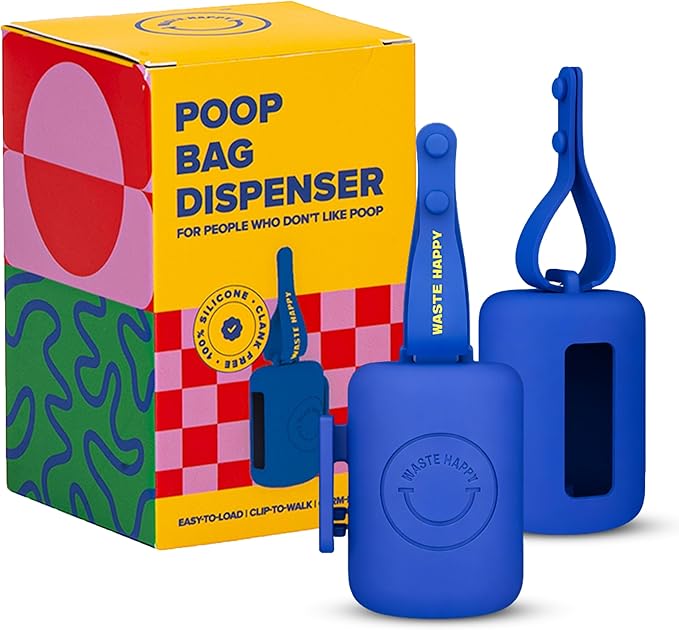 Dog Poop Bag Dispenser with 15 14" Bags Capacity – Blue Silicone Dog Poop Bag Holder for Leash | Durable, Portable & Refillable Waste Bag Case | Only Fits Waste Happy bags