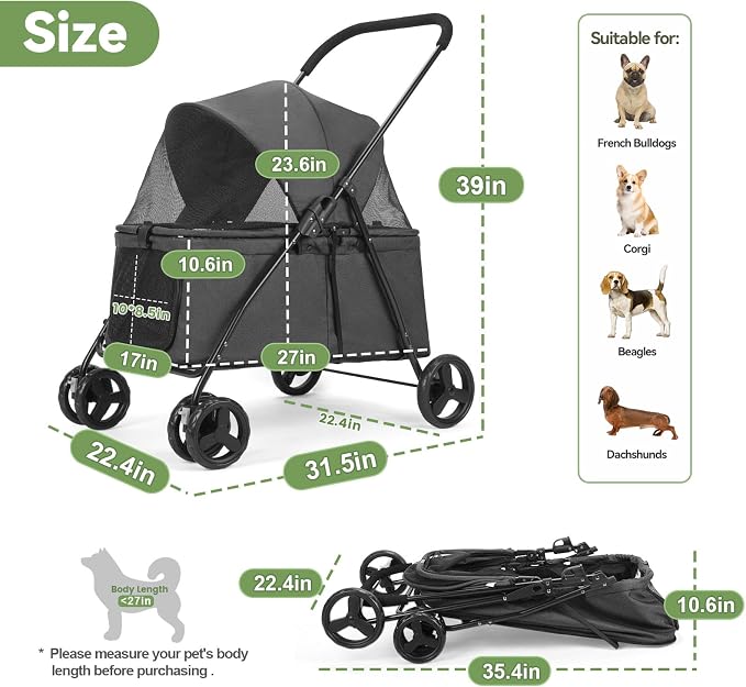 20% Larger Capacity, Wedyvko Dog Stroller for Medium/Small Pets w/Dog Poop Bags & Dispenser, Storage Pouch, Zipperless, Entry in/Out Easy (Black)
