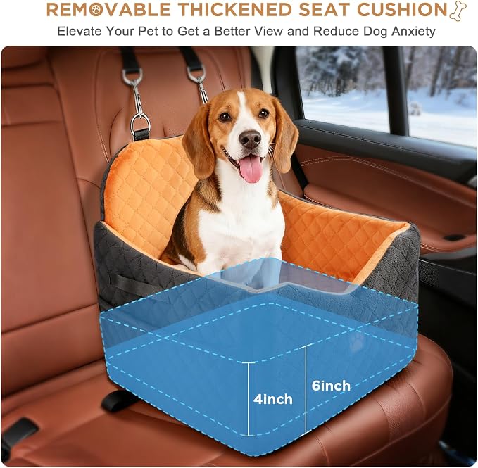 Dog Car Seat for Small/Medium Dogs Up to 35lbs, Puppy Car Seat with Thick Cushion, Detachable Washable Dog Carseat with Storage Pockets, 2 Safety Belts (Brown)