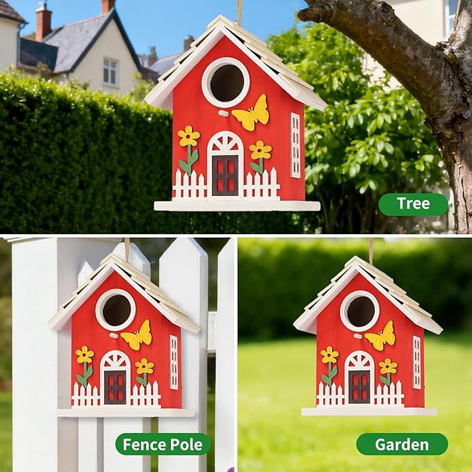 Wooden Bird Houses Bird House for Outside,Red Wood Bird House for Outdoors, Nesting Box with Sturdy Rope, Haing Bird Houses for Garden Blue Bird Hummingbird Wren Cardinal Swallow Sparrow Finch