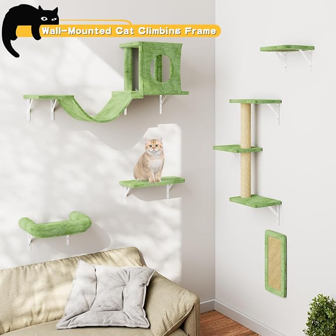 12-in-1 Cat Wall Shelves, Luxury Wall-Mounted Cat Climber Set with Condos House, Scratching Post, Bridge Ladder, Indoor Space-Saving Furniture for Kittens, Green