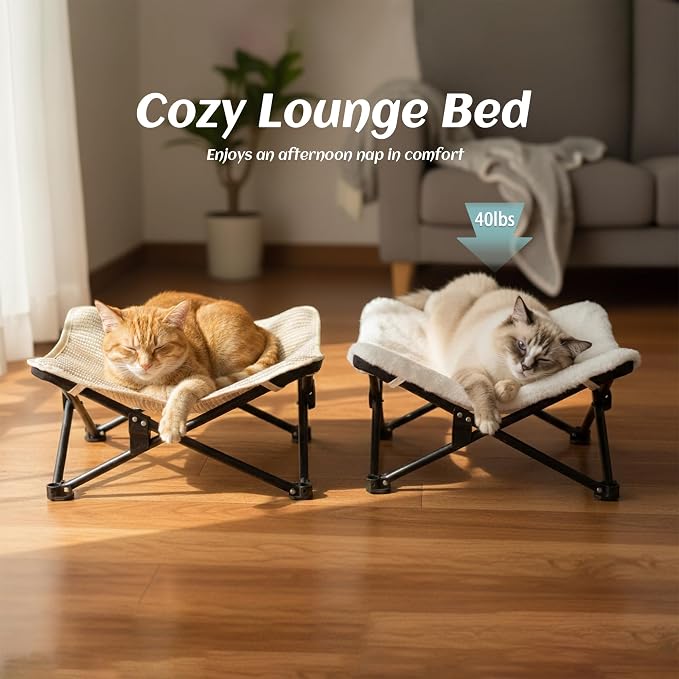 PETKARAY Foldable Cat Hammock Bed, Elevated Fluffy Kitty Lounge Furniture with Metal Frame, Raised Cat Hammock Chair for Indoor Cats