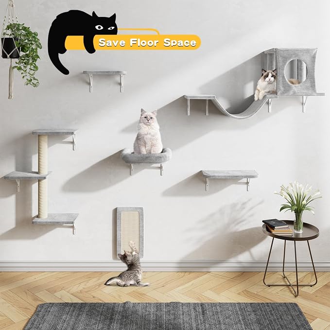 12-in-1 Cat Wall Shelves, Wall Mounted Cat Climber with Condo House, Scratching Post, Bridge Ladder, Space-Saving Indoor Play Furniture for Kittens, Gray