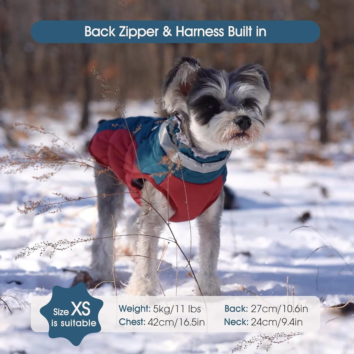 FUAMEY Dog Coat for Small Dogs,Waterproof Dog Winter Jacket with Harness Built in Puppy Cold Weather Coats Reflective Pet Vest with Zipper Warm Fleece Dogs Snowsuit Windproof Dark Blue XS