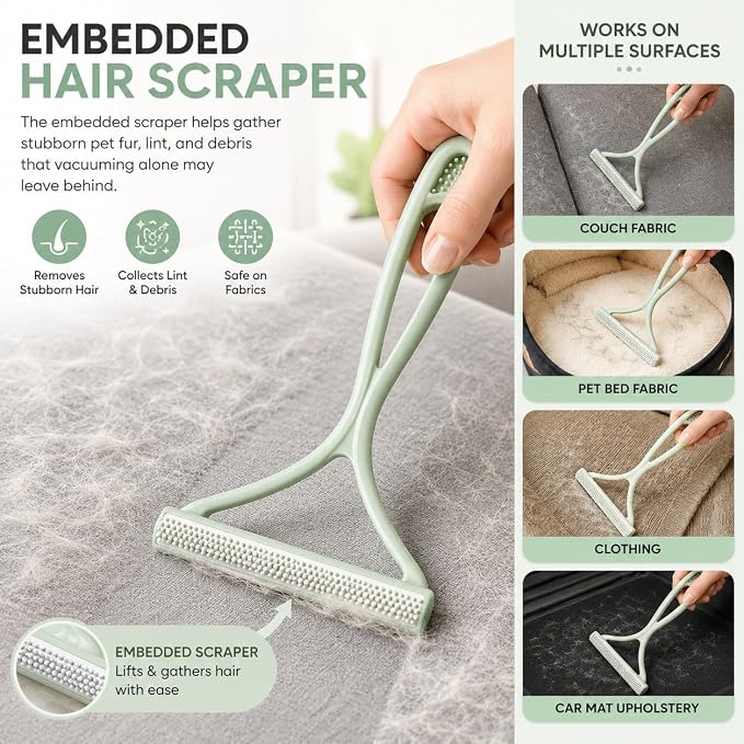 GOOGO Pet Hair Removal Tool Kit, 3 Pieces, White | 3 piece white tool kit, long handle brush, 50 in length, for pet hair on sofas, rugs, seats, and car mats