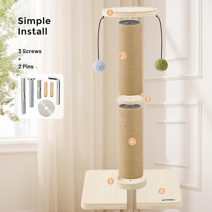 ZOMISIA 35'' Tall Cat Scratching Post, 4.7'' Large Scratch Post with Thicken Wooden Base for Indoor Cats Adults, Sisal Scratcher Top & Dangling Balls, Super Sturdy