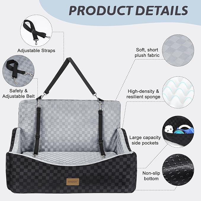 JOEJOY Dog Car Seat for Medium/Large Dogs - Reversible Dual-Sided Travel Dog Car Bed with Memory Foam, Washable Pet Booster Seat for Do gs up to 55 lbs or 2 Small Dogs, 2 Safety Leashes, Grey