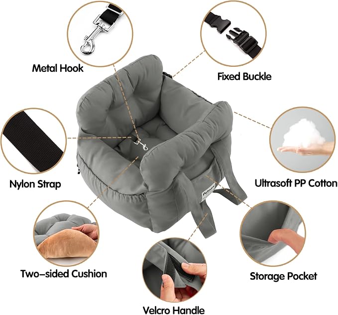 Dog Car Seat for Small Dogs, Portable Puppy Car Seat of Easy Installation, Fashionable Pet Carrier Bag with Large Pockets, Machine Washable Dog Booster Seat (Grey)