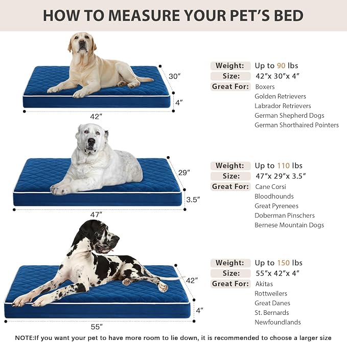 WNPETHOME Orthopedic Waterproof Extra Large Senior Dogs Bed for Comfy Sleep | XL Washable Ped Bed with Removable Cover, Multi-Needle Quilting XL Crate Bed for Large Sized Dog Relax, Blue 42x30 Inch