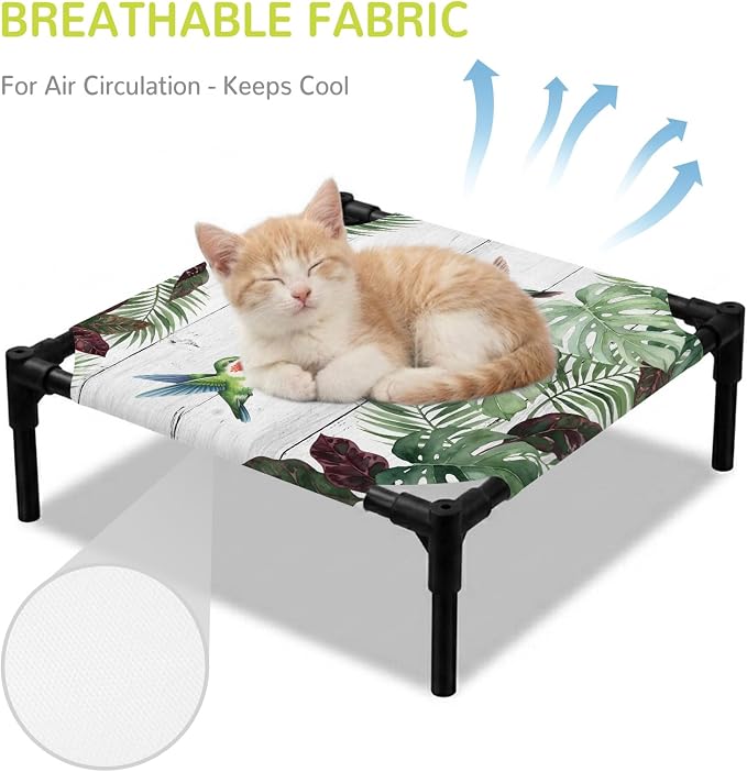 Outdoor Elevated Dog Bed for Small Dogs, Summer Hummingbirds Breathable Cooling Raised Dog Cot for Indoor/Outdoor, Tropical Palm Leaves Farmhouse Wood Waterproof Elevated Pet Beds, S 20 x 20 in