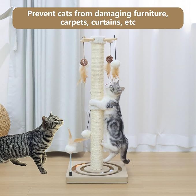 PEEKAB Cat Scratching Post Sisal Scratch Posts for Indoor Cats and Kittens,30 Inches Tall with Tracking Ball Interactive Toys and Hanging Balls Beige