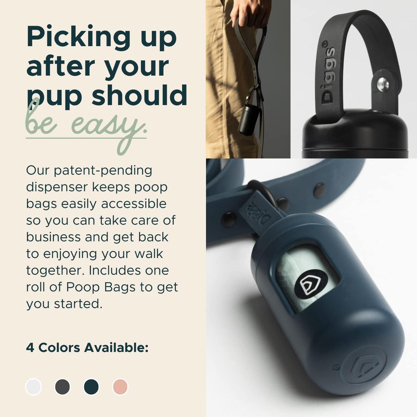 DIGGS Dog Poop Bag Dispenser for Leash - Premium Dog Waste Bag Holder with Easy One-Hand Dispensing (Ash)