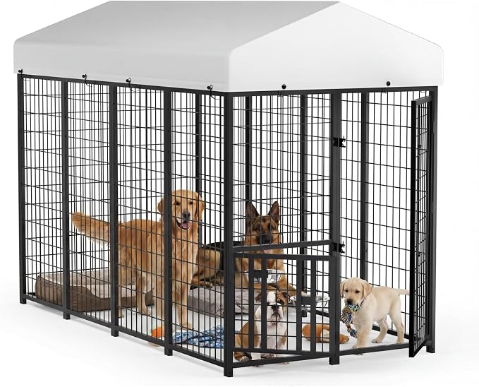 8 x 4 x 5.6 FT Outdoor Dog Kennel with Roof for Medium Large Dogs | Spacious Dog Run with Rotating Feeder, 2 Stainless Steel Bowls and Double Latch Gate