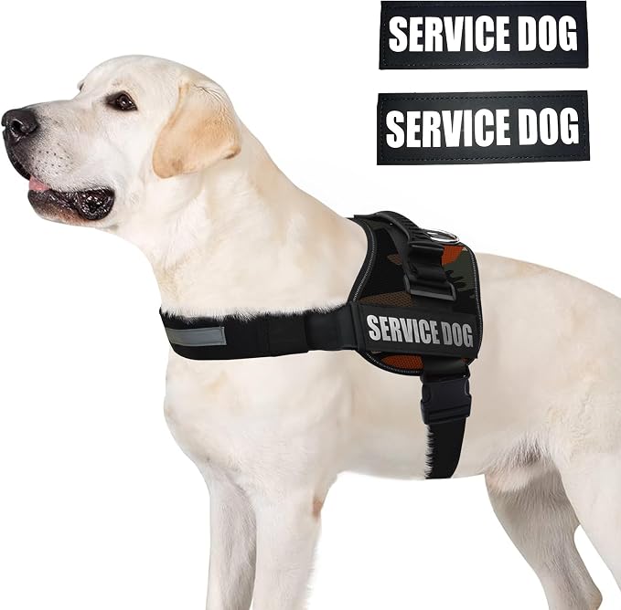 Service Dog Vest Harness – Reflective Service Animal Vest, No-Pull Harness with Handle & Mesh Padding – Sizes XXS-XL for Puppies – 2 Removable Service Patches Included(Medium,Green Camo)