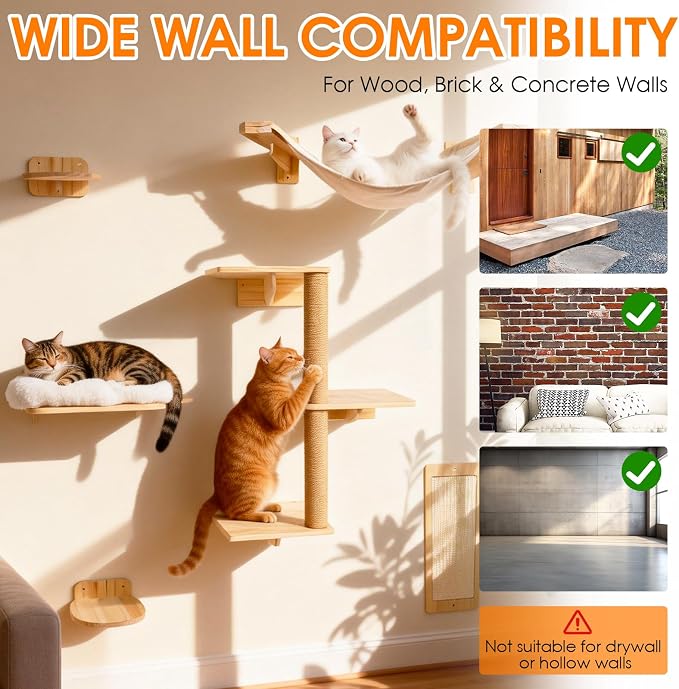 6in1 Cat Wall Shelves Climbing Systems, Large Cat Furniture Shelf Set Wall Hanging Mounted, Hammock Sisal Scratching Perch Bed 2 Steps Tower Tree for Indoor House Corner Ladder