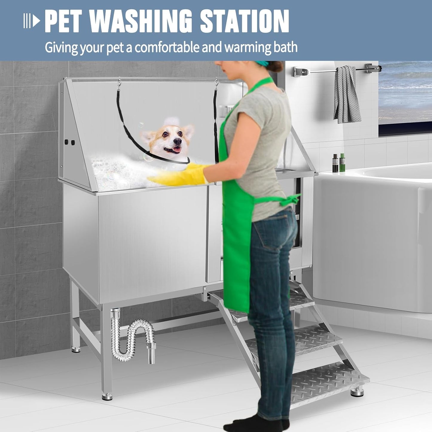 50" Pet Dog Bathing Station W/Ramp, Professional Stainless Steel Dog Grooming Tub W/Soap Box, Faucet,Rich Accessory, Dog Bathtub for Large,Medium,Small Pets, Washing Sink for Home (50" Right ramp)