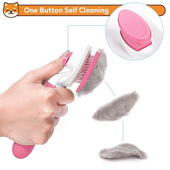 Dog & Cat Brush Kit 2PCS, Self Cleaning Slicker Brush for Pets, Dog Brush for Shedding Massaging and Grooming, Removes Loose Undercoat & Portable Comb for Long Short Haired Dogs(Pink)