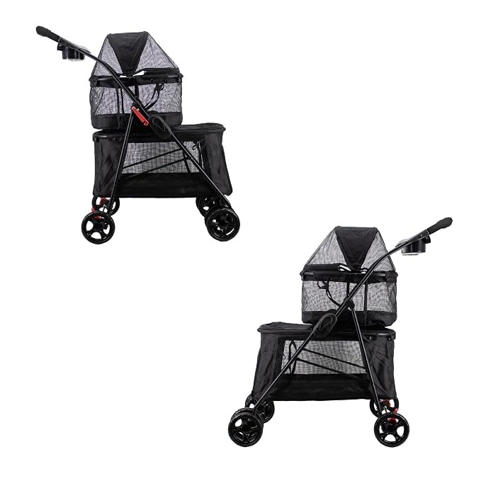 Double Decker Pet Stroller - Black: Dual Bassinets for Multiple Pets, Removable Pee Pads, Adjustable Leashes, Mesh Windows, Swivel Wheel, One-Hand Fold, Lightweight, for Small/Medium Dogs/Cats/Pets