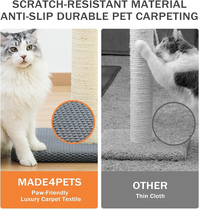 Made4Pets Tall Cat Scratching Post with Sisal & Carpet for Indoor Cats, 33" | Cat Scratcher with Wide Stable Base, Interactive Hanging Toys, Ideal for Adult Cats, Large Breeds and Full-Body Stretching