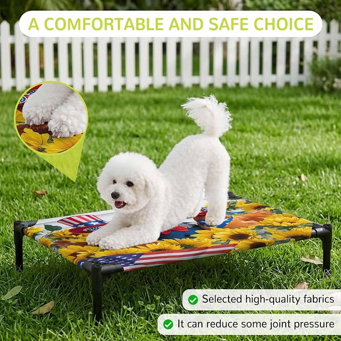 Outdoor Elevated Dog Bed for Medium Dogs, Sunflower Independence Day Breathable Cooling Raised Dog Cot for Indoor/Outdoor, 4th of July Rooster Wooden Waterproof Elevated Pet Beds, M 24 x 20 in
