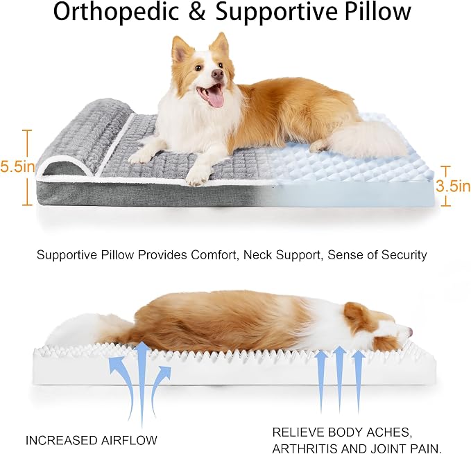 Orthopedic Large Dog Bed Pillow Pet Sofa Bed 42''X28'' Grey | Egg-Crate Foam Pet Couch Large Sized Dog, Waterproof Removable Washable Cover,Furry Puppy Crate Mat With Nonskid Bottom
