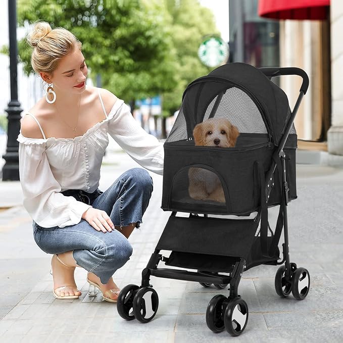 BestPet Pet Dog Stroller with Premium 3-in-1 Multifunction & Detachable Carrier for Folding Lightweight Cat Travel Stroller,Black