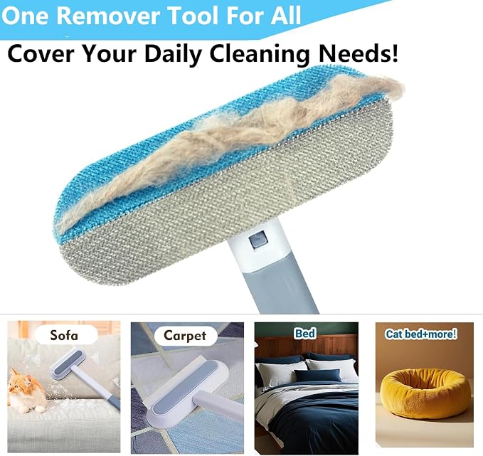 4 in 1 Pet Hair Remover, Reusable, Effective Cat and Dog Hair Removal Cleaning Tool with 17-Inch Extra Long Handle Multifunctional Fur Lint Brush for Couch, Furniture, Carpet, Clothes, Bedding