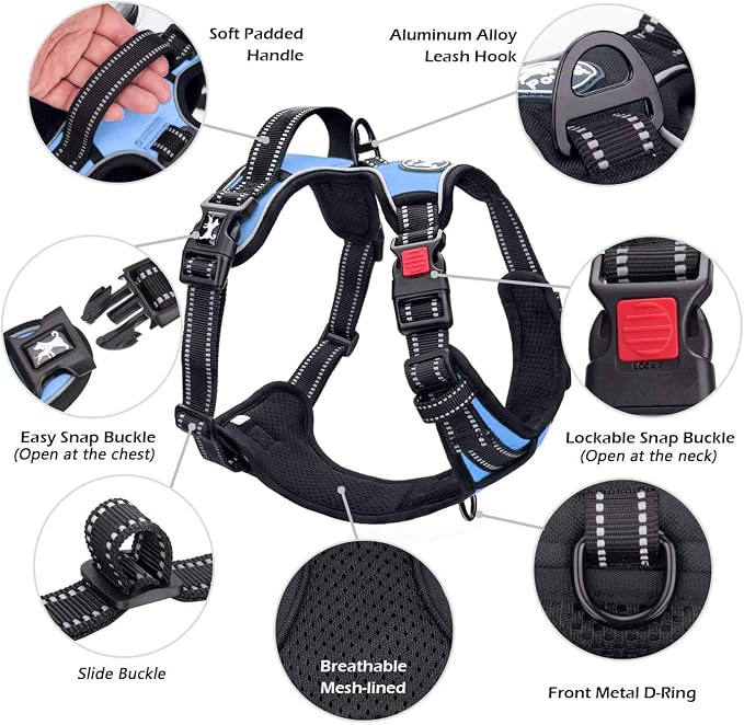 PoyPet No Pull Dog Harness Large with Front Clip & Neck Release Buckle | No Choke, Adjustable Vest, Reflective, Back Clip, Lockable, Soft Padded Handle for Walking Training, L, Light Blue