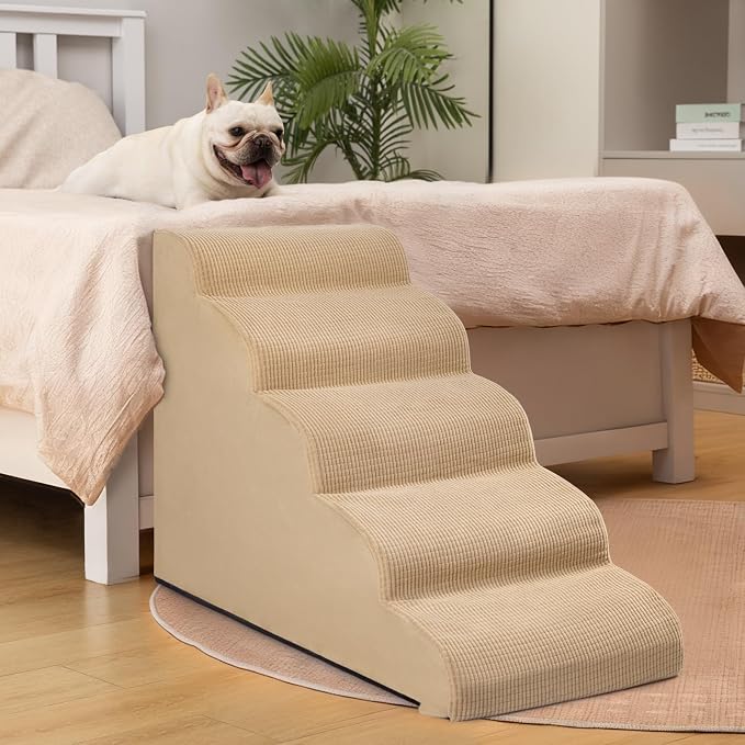 Aodisman Dog Stairs for High Bed,5-Step Pet Ramp for Small Dogs and Cats | 22.2" H Dog Steps for Bed with High-Density Foam, Help Olders,Short-Legged Dogs,Puppy and Cats Get on Beds Easily,Grey,Khaki